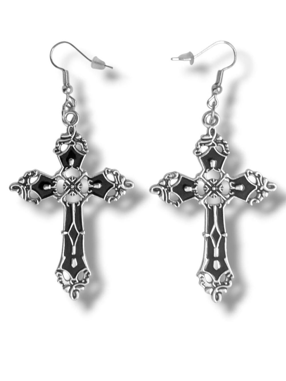 NWT Handmade Large Silver and Black Ornate Cross Earrings
